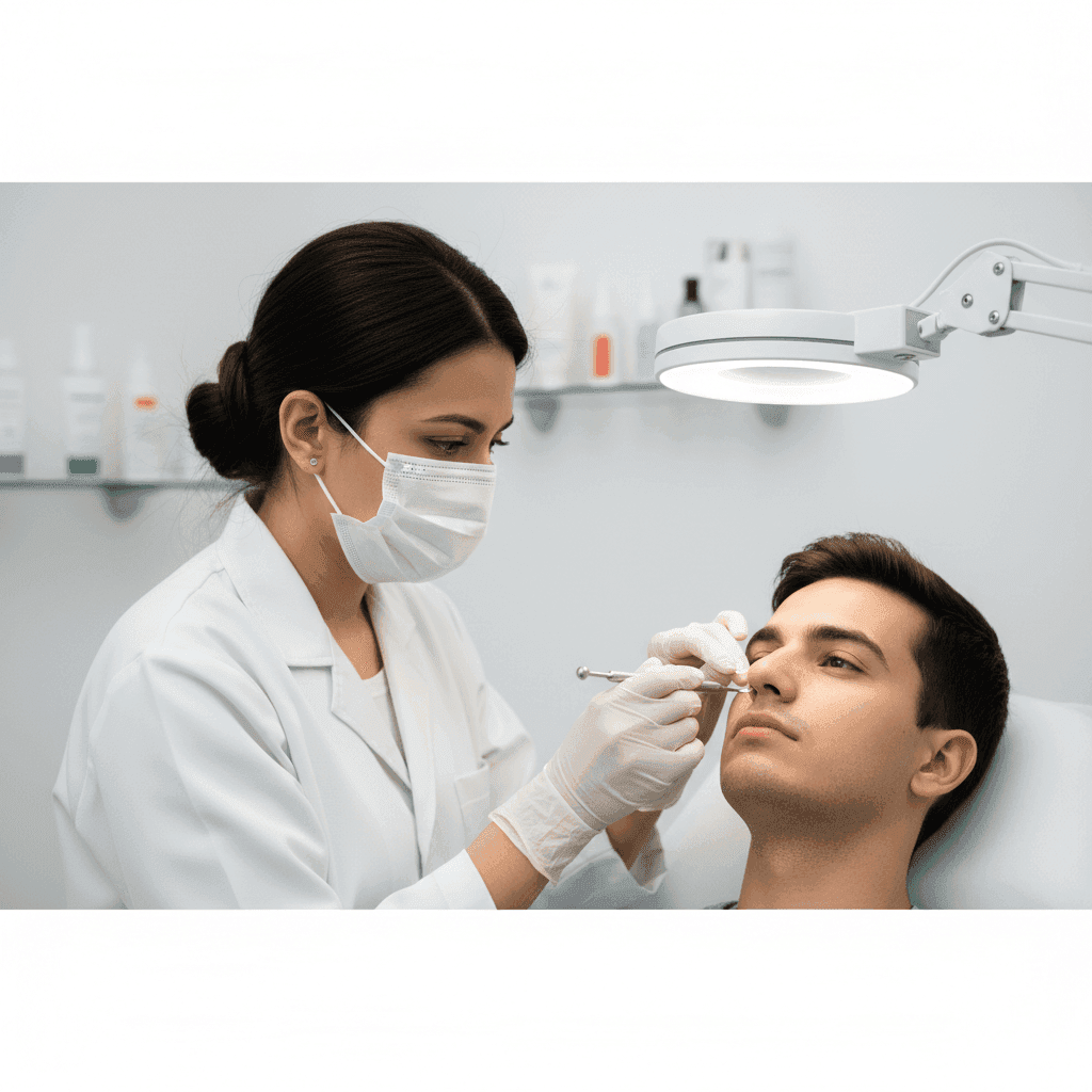 Dermatologist extracting whiteheads safely