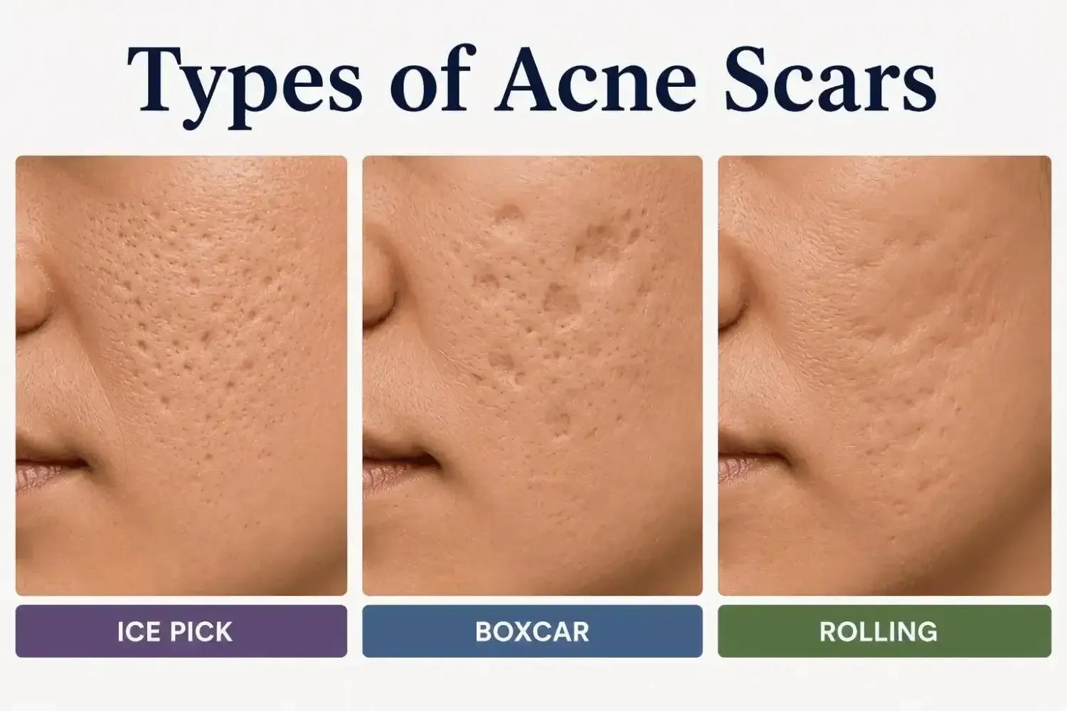 Types of acne scars including ice pick, boxcar, and rolling